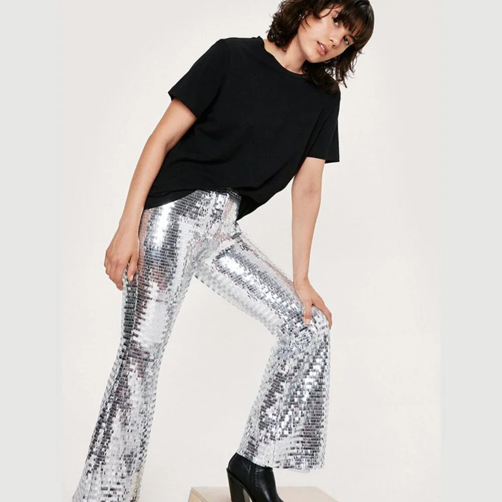 NWT Nasty Gal 70s Sequin Disco Flare Pants - Picture 3 of 4